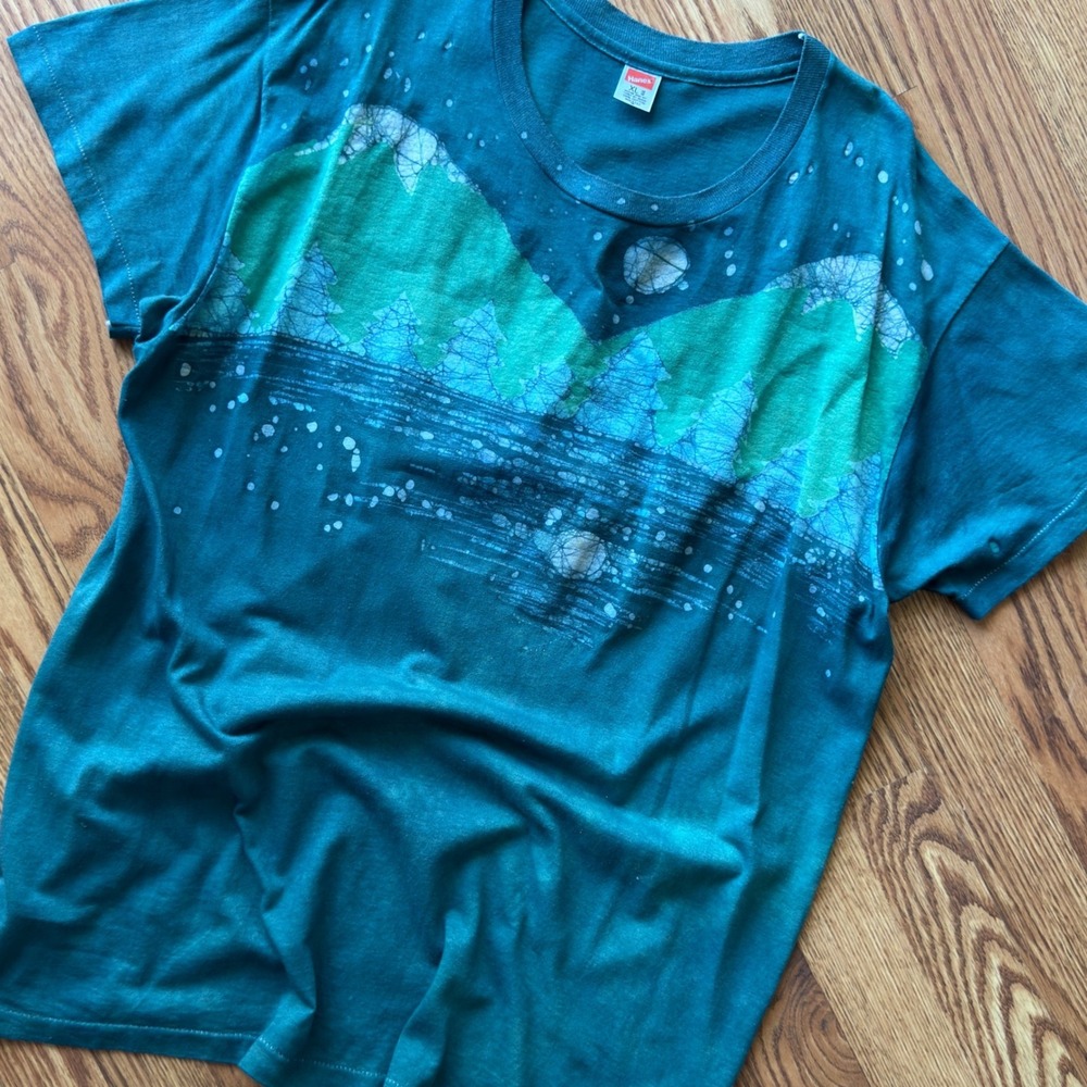 Vintage Hanes Mountain Graphic Tee XL Teal Blue Green Made in USA 90s Grunge